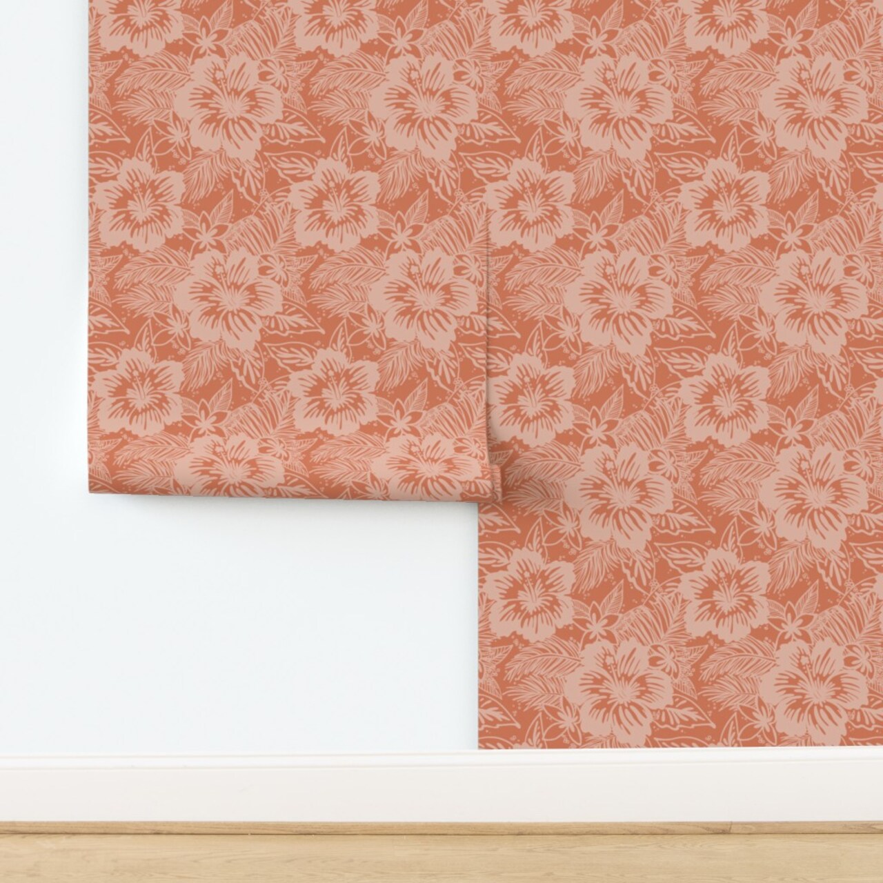 Orange Floral Tropical Frangipani Plumeria Polynesian Palm Leaves Flowers Aloha Hawaii Salmon Peach Custom Removable Wallpaper by Spoonflower Peel & Stick Wallpaper 2FT Wide